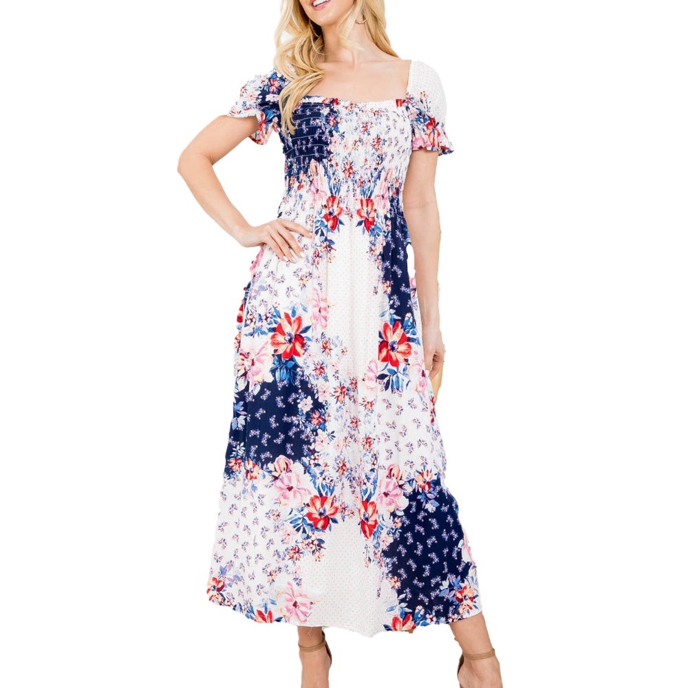 Ivory Navy Floral Print Dress